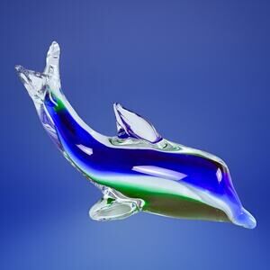 VTG Murano Style Sommerso Art Glass Dolphin Figurine Blue Green Paperweight 5”